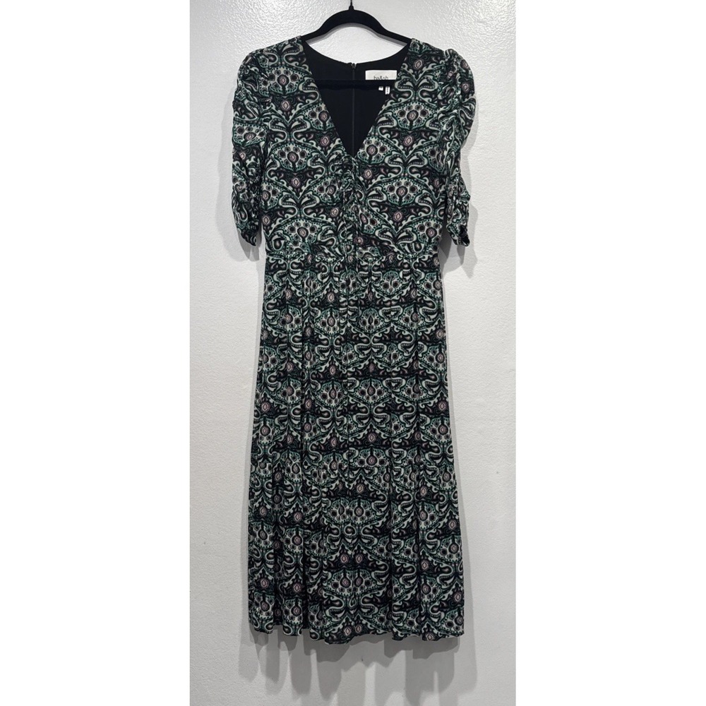 BA&SH Fine Printed Midi Dress Womens Size Small Green Print Ruched Sleeve Boho